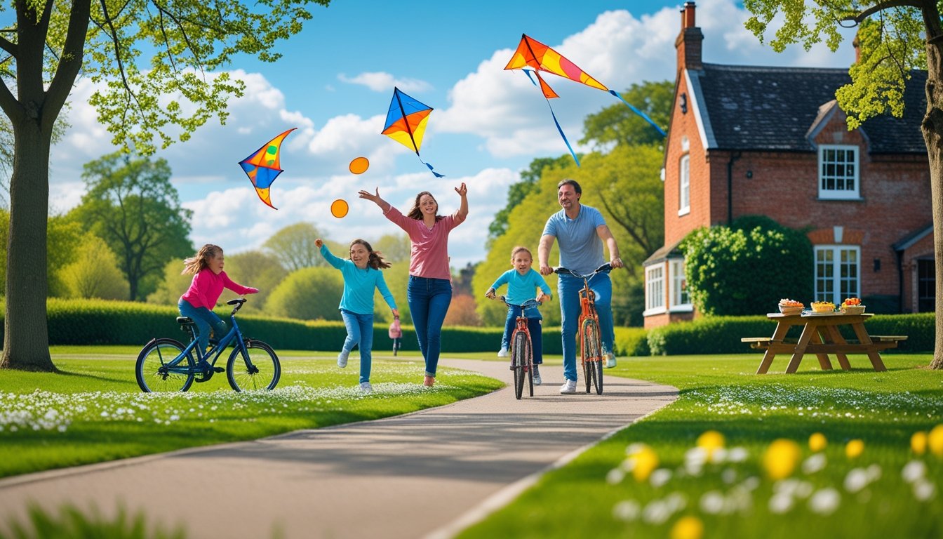 A family enjoying outdoor activities together in a green park with trees, playing with kites, frisbee, and bicycles on a sunny day.