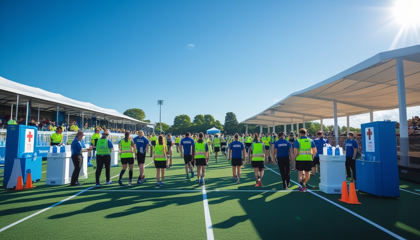 A diverse group of athletes and staff at an outdoor sports event with safety measures including first aid and hydration stations on a sunny sports field.