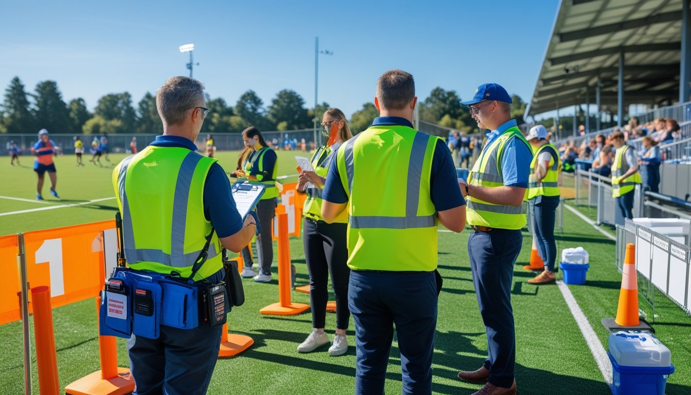 A group of event staff managing an outdoor sports event with safety equipment, signage, and spectators in the background.