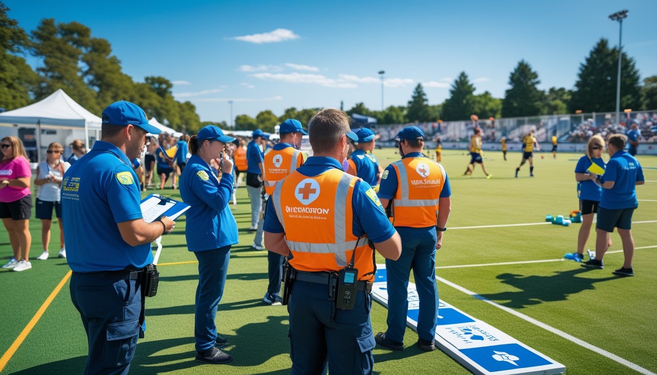 Organisers and safety staff managing an outdoor sports event with athletes and spectators on a sunny day.