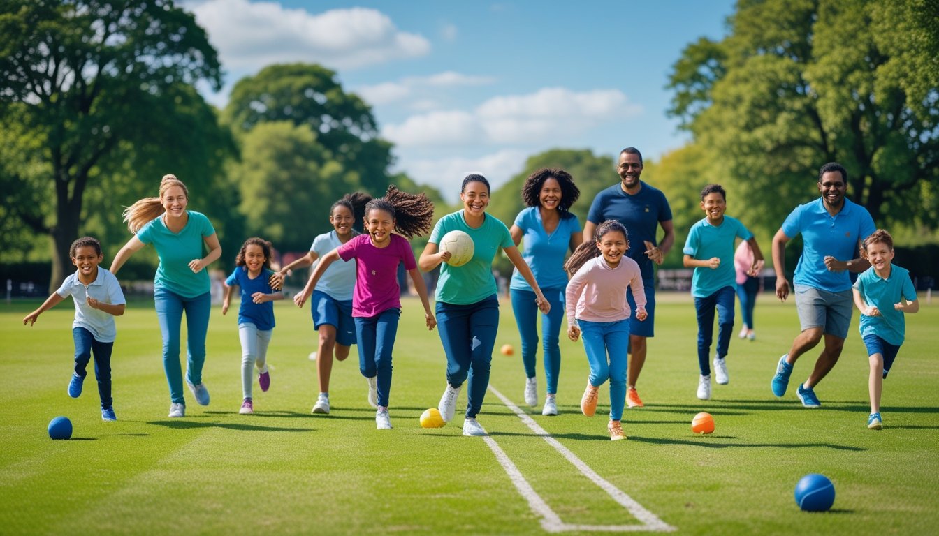 Families playing football, cricket, and rounders together in a sunny park with green grass and trees.