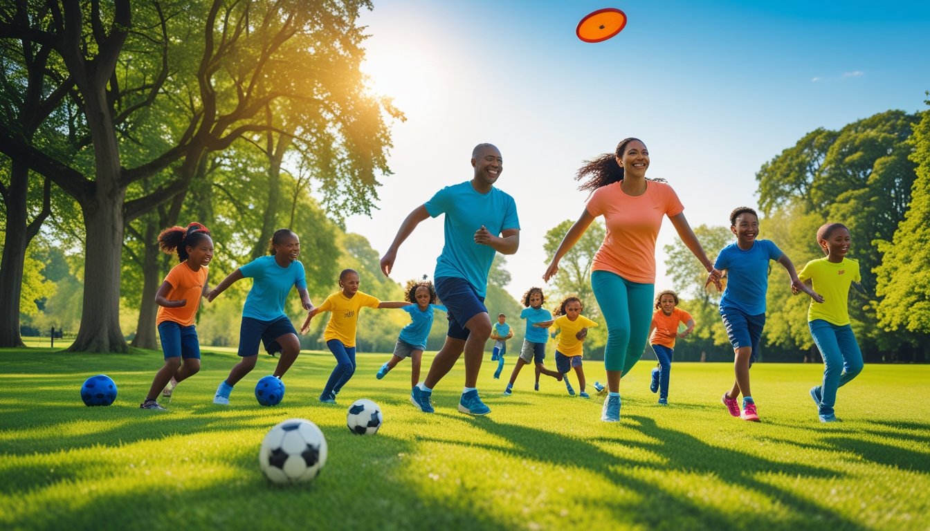 A diverse UK family playing team sports together outdoors in a green park on a sunny day.