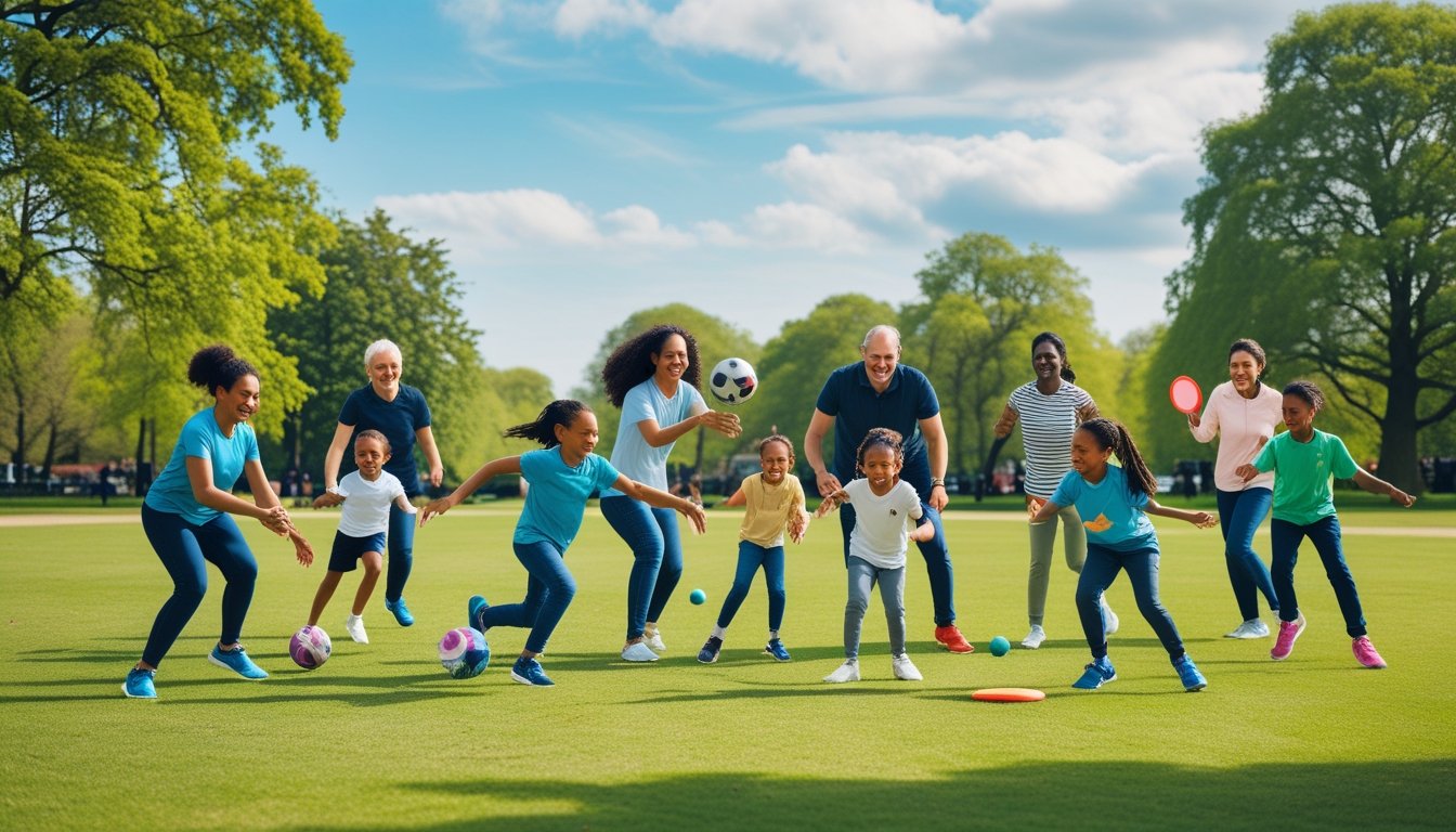 Families playing football, cricket, and frisbee together in a green park on a sunny day.