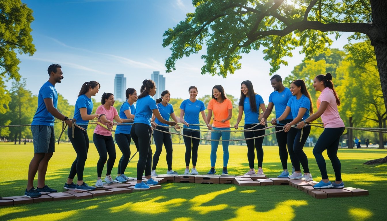 A group of colleagues working together on an outdoor rope course in a green park, showing teamwork and collaboration.