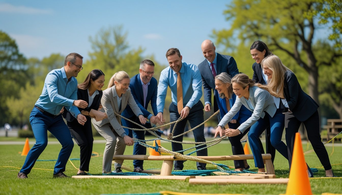 A group of professionals working together on an outdoor team bonding challenge in a green park.