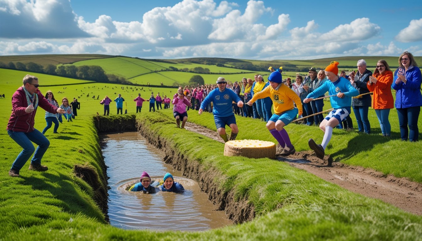 People participating in unusual outdoor sports like bog snorkeling and cheese rolling on green hills with spectators watching in the countryside.