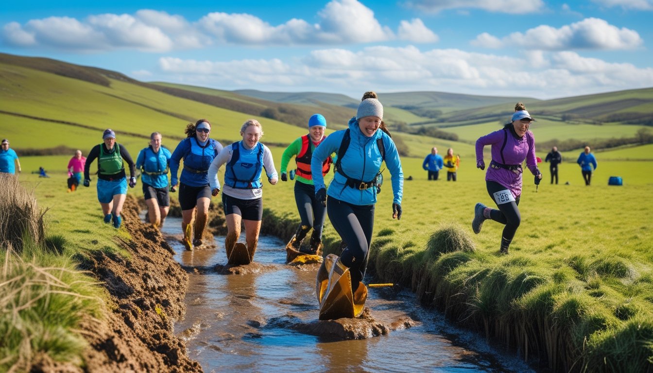 People participating in unusual outdoor sports in the UK, including bog snorkeling, fell running, and kite buggying in a green countryside setting.