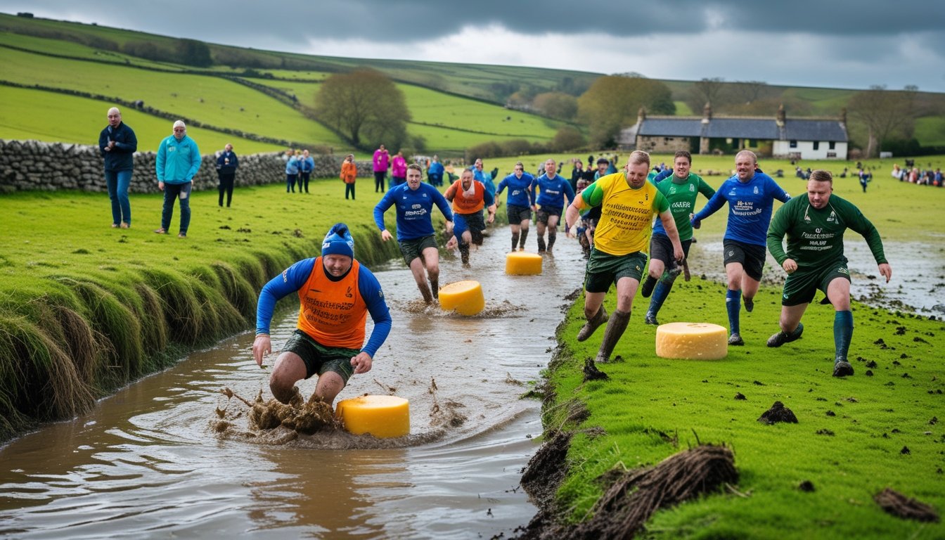 Athletes participating in unusual team sports across the UK, including bog snorkelling, cheese rolling, and swamp football in outdoor countryside settings.