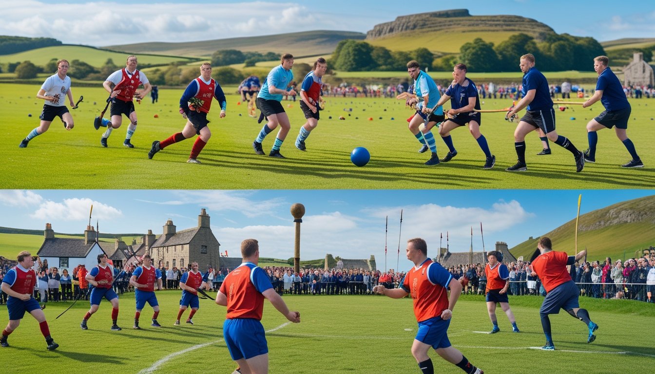 Players participating in various unusual traditional British team sports outdoors with green fields and village scenery in the background.
