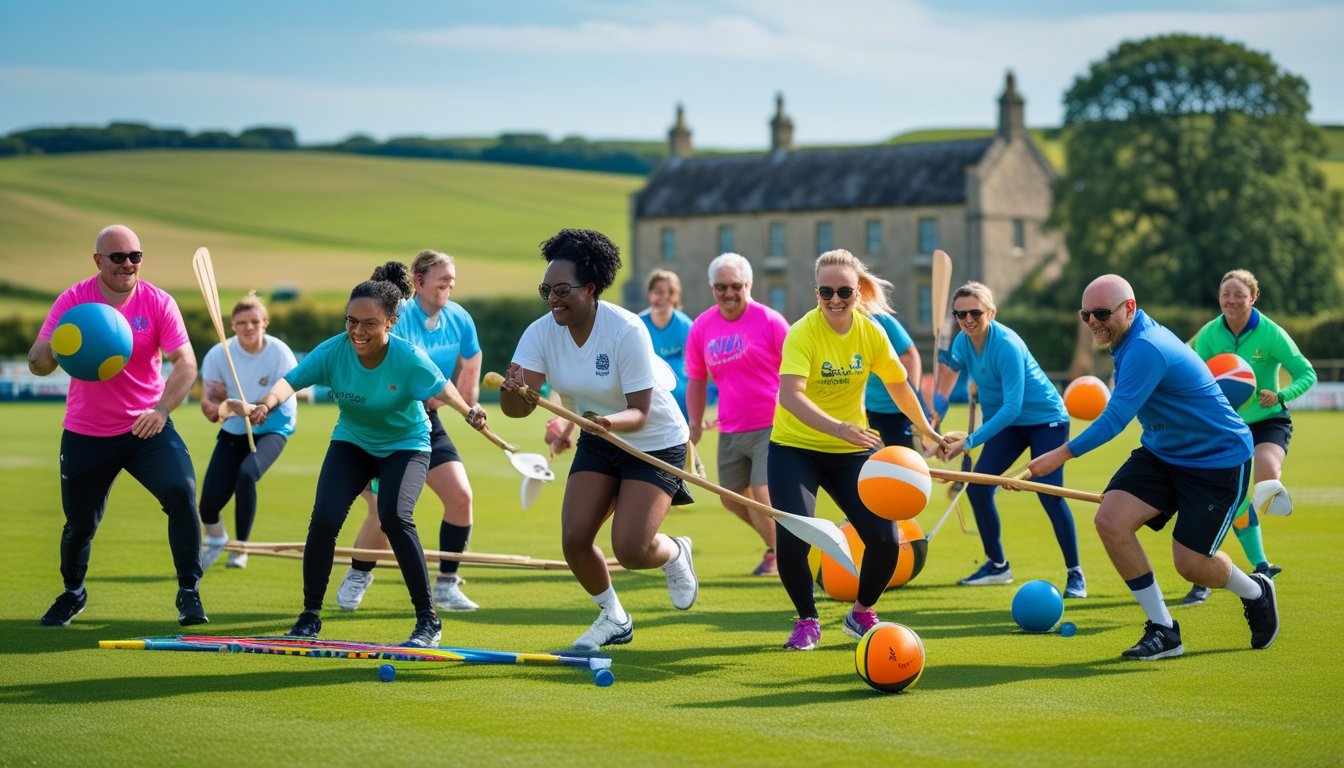 A group of people playing unusual team sports on a green field in the UK with countryside and historic buildings in the background.