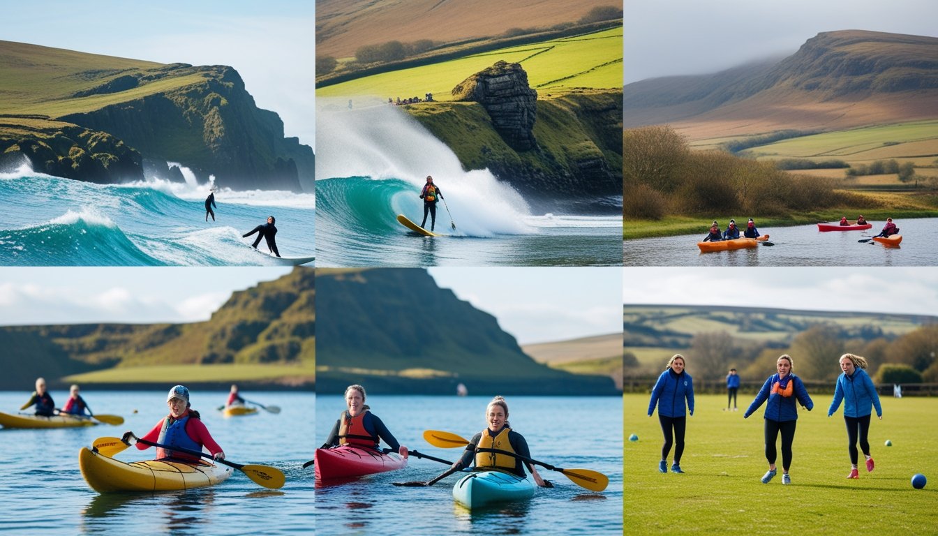 People participating in various outdoor sports across different UK landscapes including surfing on the coast, hiking in the Scottish Highlands, kayaking on a lake, and playing rounders in the countryside.