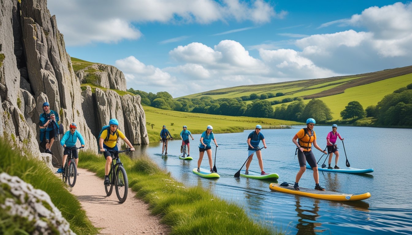 People enjoying rock climbing, paddleboarding, and mountain biking in a scenic UK countryside with green hills and a partly cloudy sky.