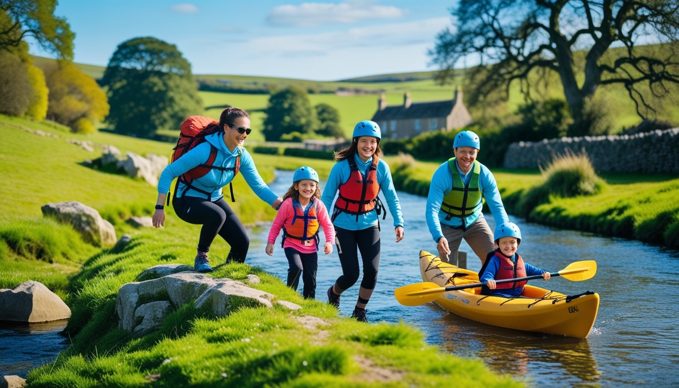 A family of four enjoying outdoor adventure activities including hiking, rock climbing, and kayaking in a green countryside setting in the UK.