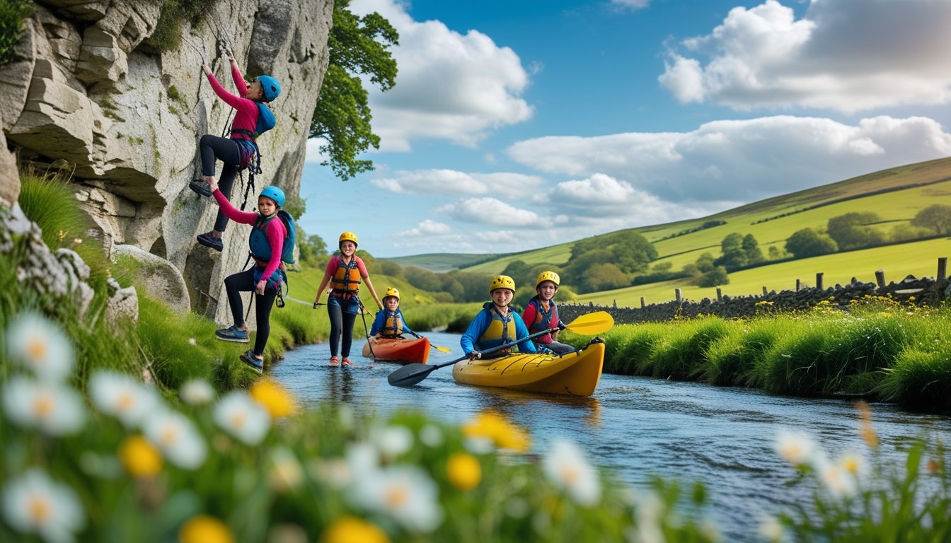 A family enjoying various adventure sports outdoors in the UK countryside, including rock climbing, kayaking, and mountain biking.