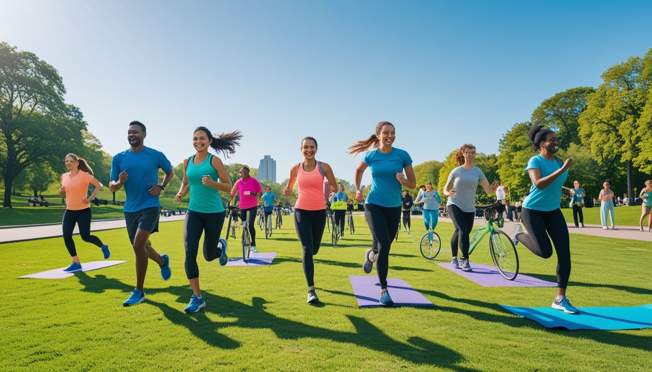 A group of diverse people enjoying various outdoor sports like running, cycling, tennis, and yoga in a sunny park.