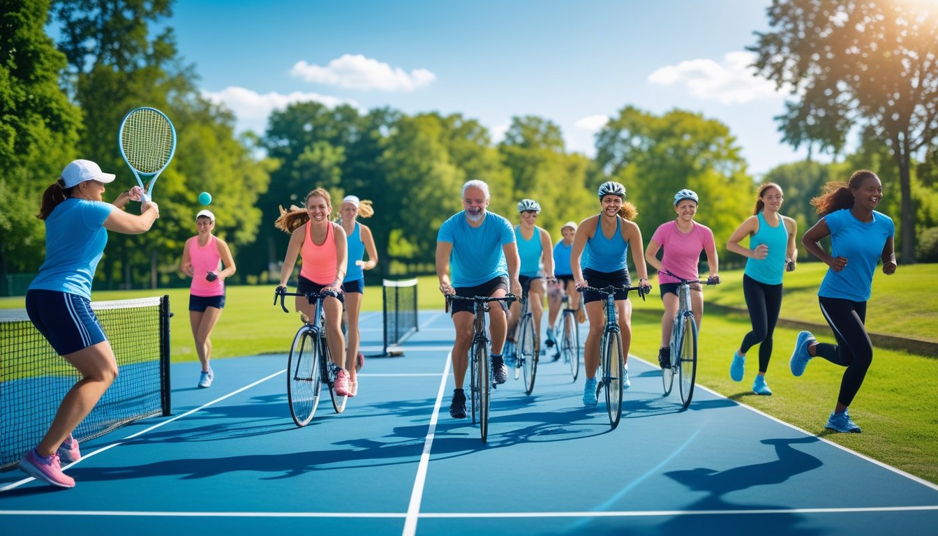 A diverse group of people playing tennis, cycling, and jogging outdoors in a sunny park surrounded by trees.
