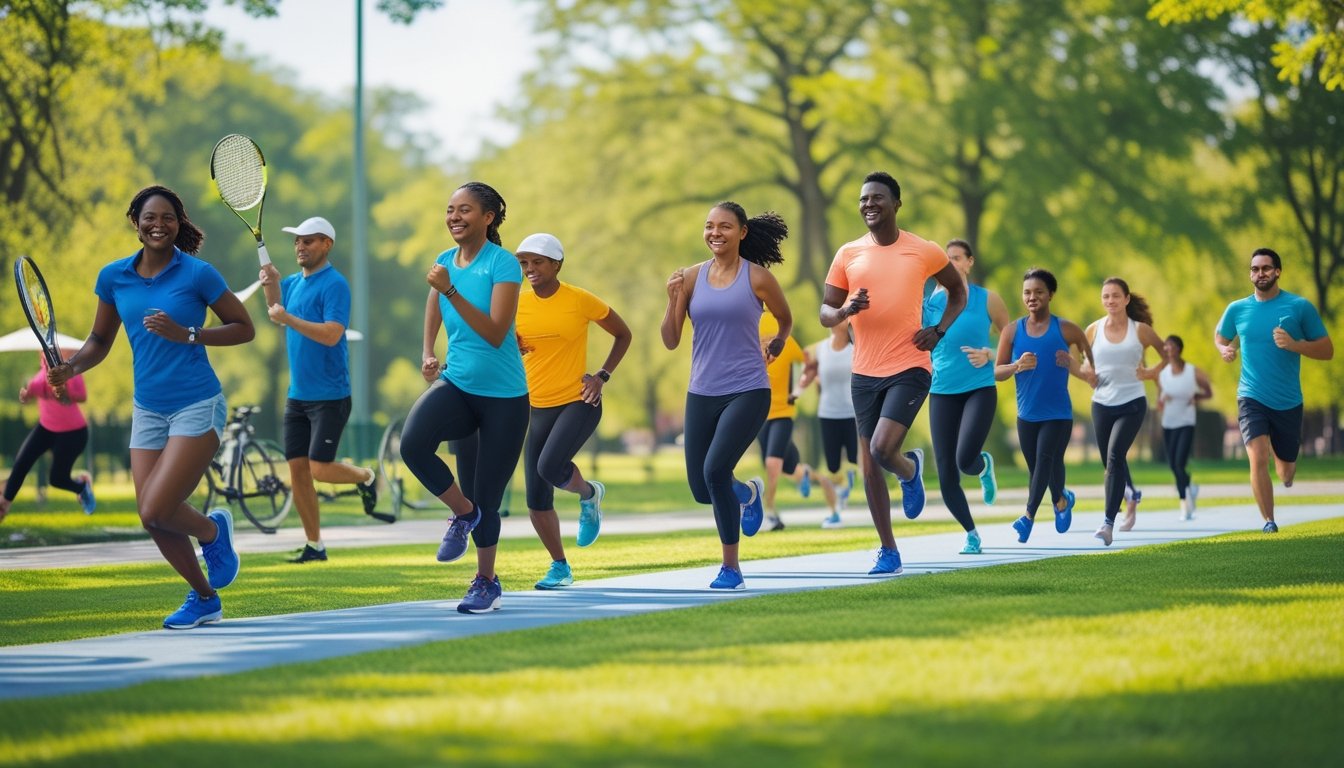 A diverse group of people playing tennis, running, cycling, and doing yoga outdoors in a green park on a sunny day.