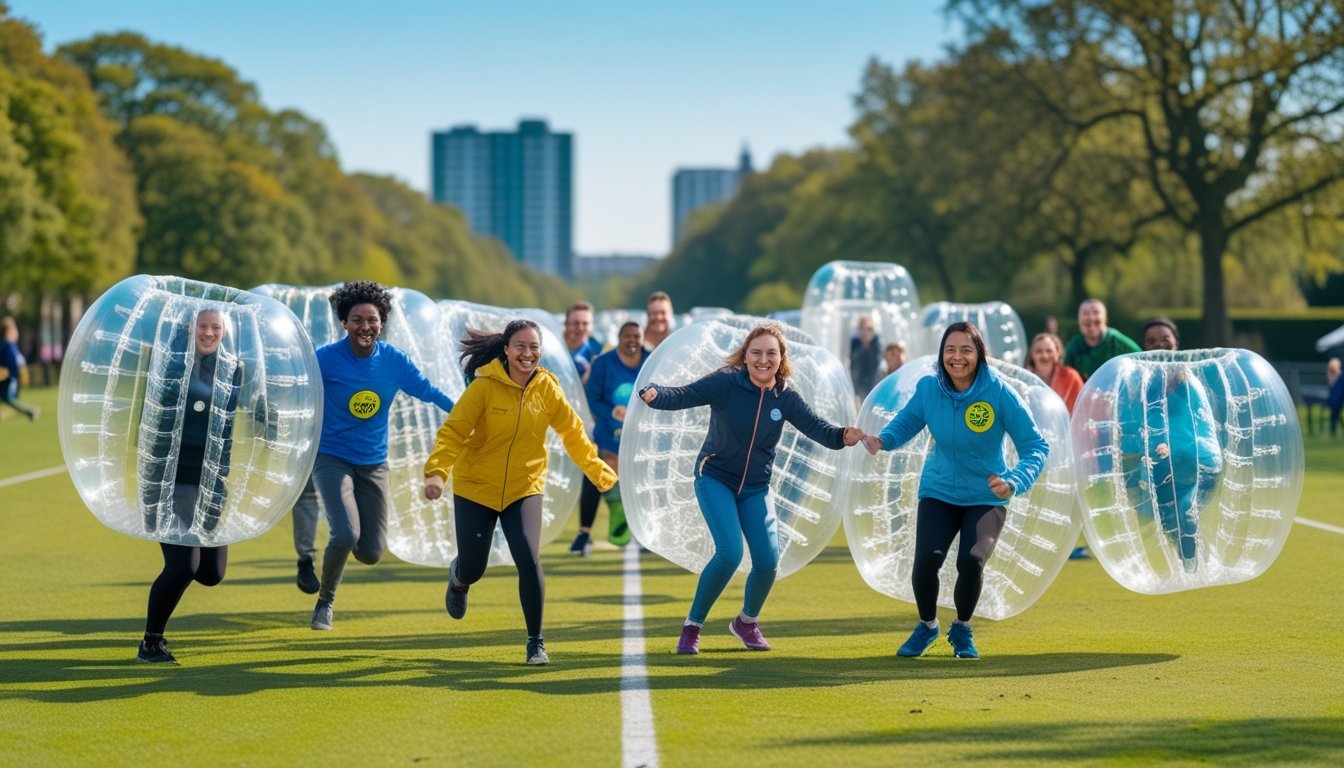People wearing large inflatable bubble suits playing and bouncing on a green field in a UK park.