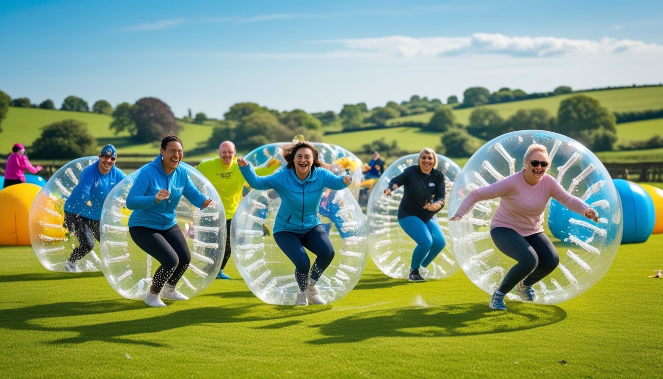 A group of people outdoors wearing large inflatable bubble suits, playing and bumping into each other on a green field with rolling hills in the background.