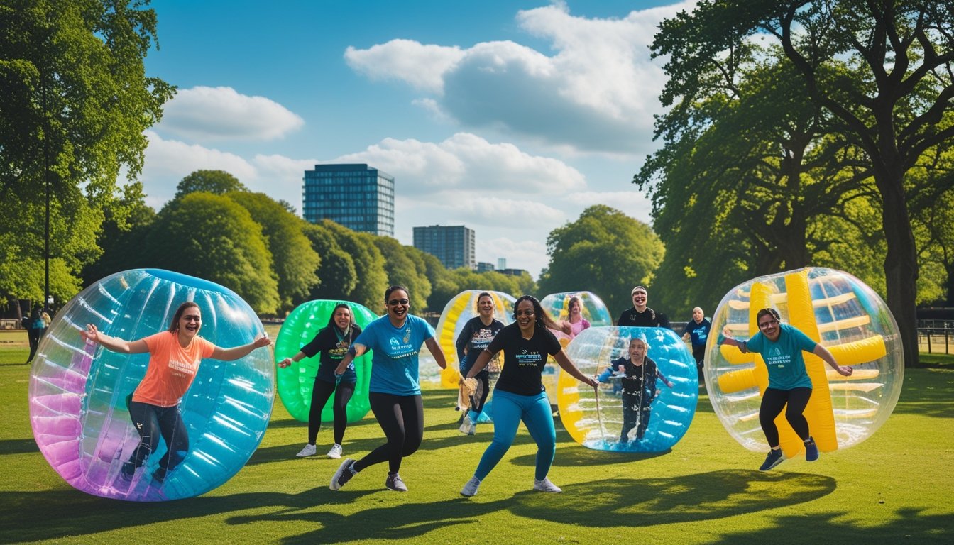 People playing bubble sports outdoors in a green park on a sunny day, wearing inflatable bubble suits and enjoying the activity together.