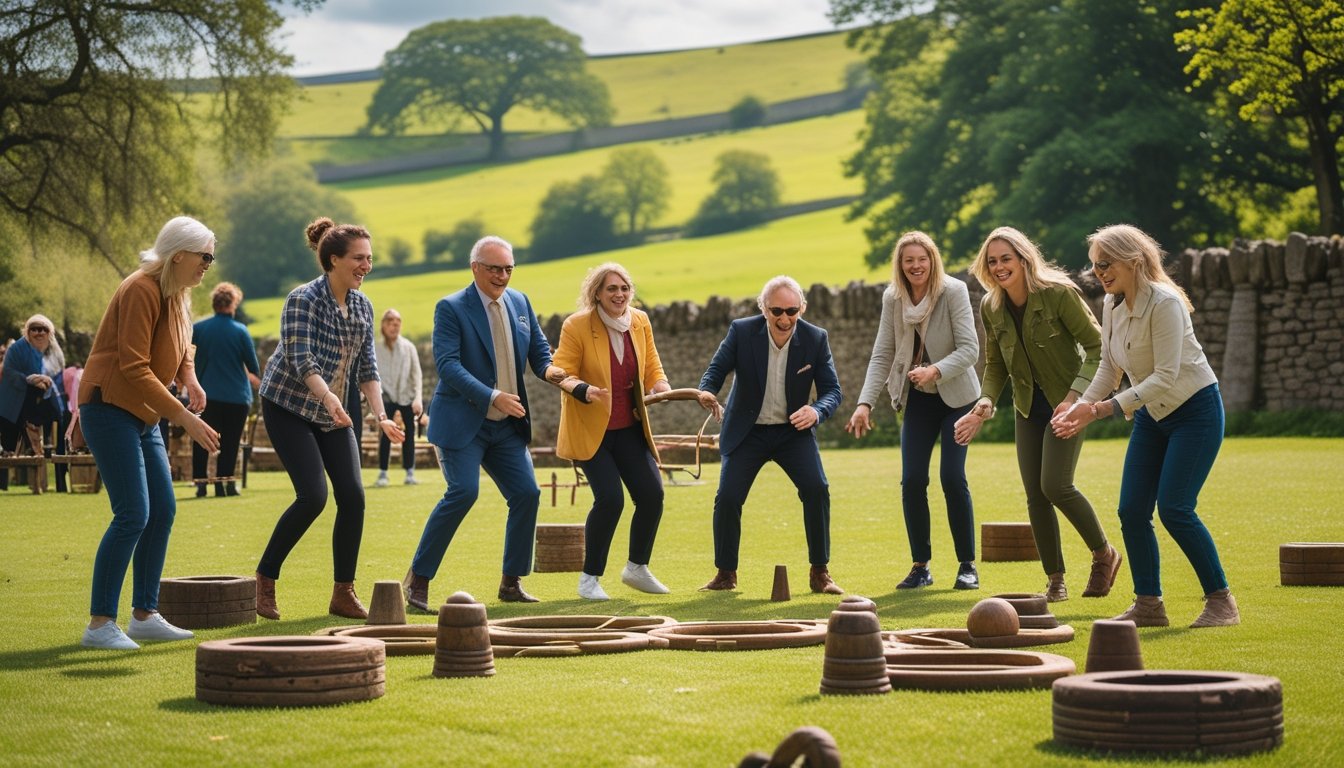 People of different ages playing traditional historic outdoor games together in a green park with countryside hills in the background.