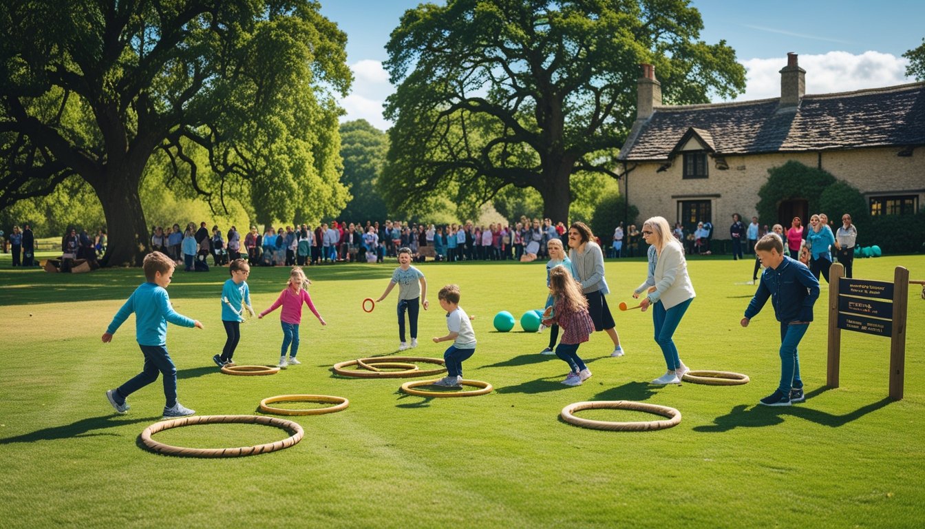 People of different ages playing traditional outdoor games in a sunny green park in the UK with trees and an old stone cottage in the background.