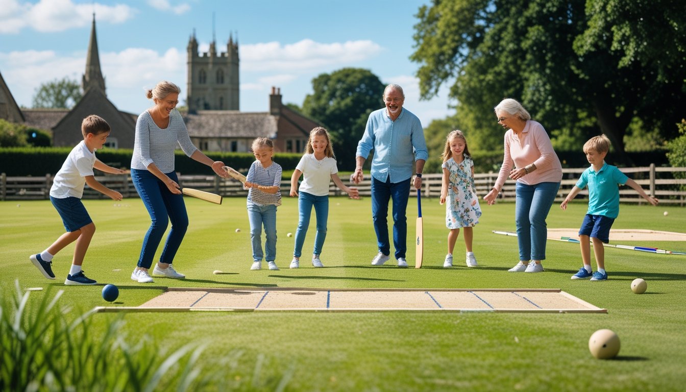 A British family playing traditional outdoor sports together in a sunny park with green grass and a village church in the background.