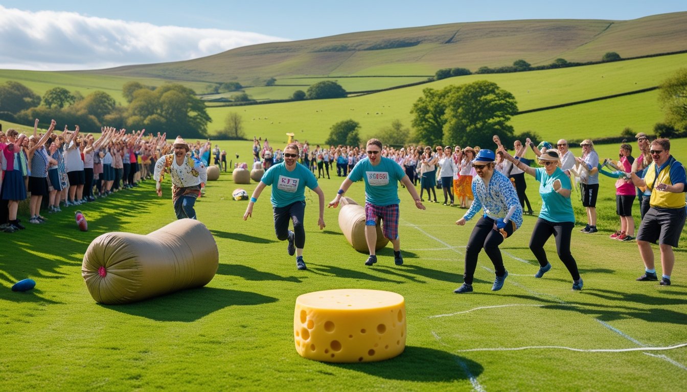 People taking part in various unusual British sports outdoors on a sunny day with green hills and cheering spectators.