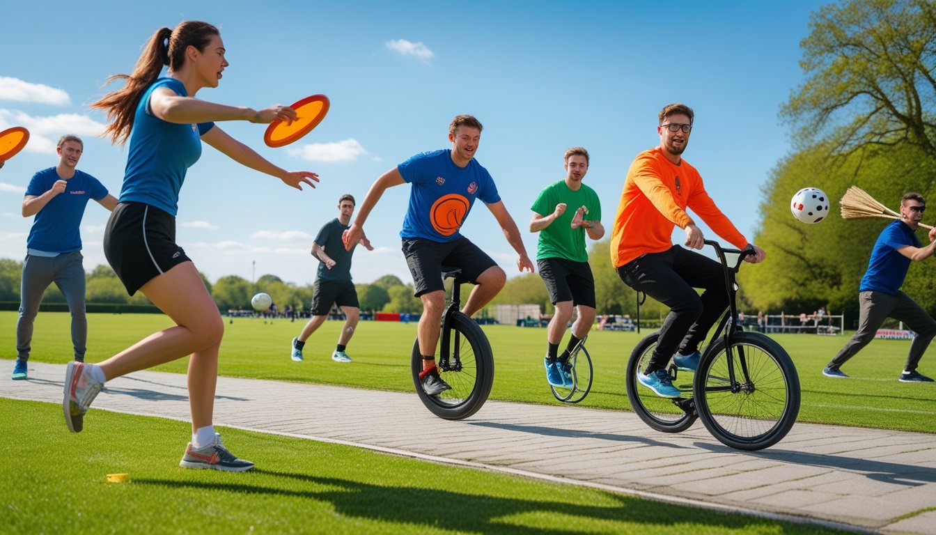 People playing various unconventional sports including ultimate frisbee, unicycling, and quidditch outdoors on a sunny day in a green park.