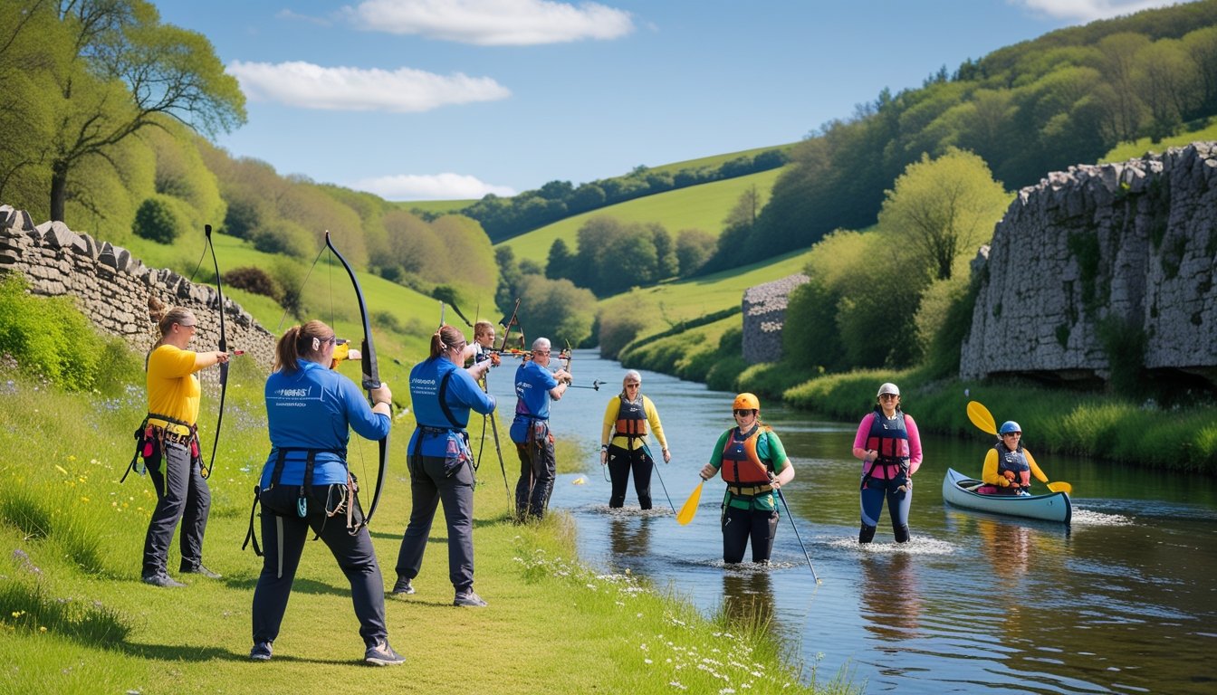 A group of people participating in outdoor activities like archery, rock climbing, and canoeing in a green British countryside with hills and forests.