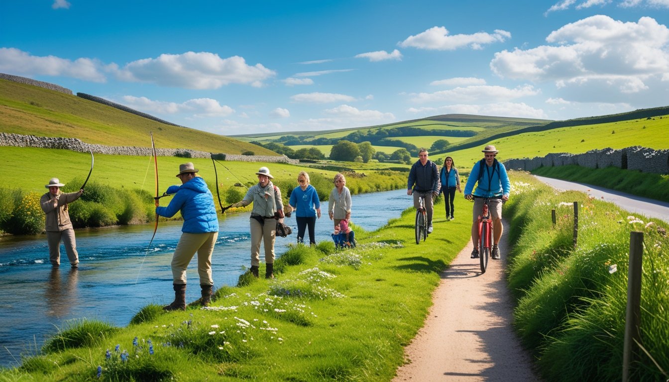 People enjoying various British outdoor activities including archery, fly fishing, hiking, and cycling in a green countryside landscape with hills and a river.
