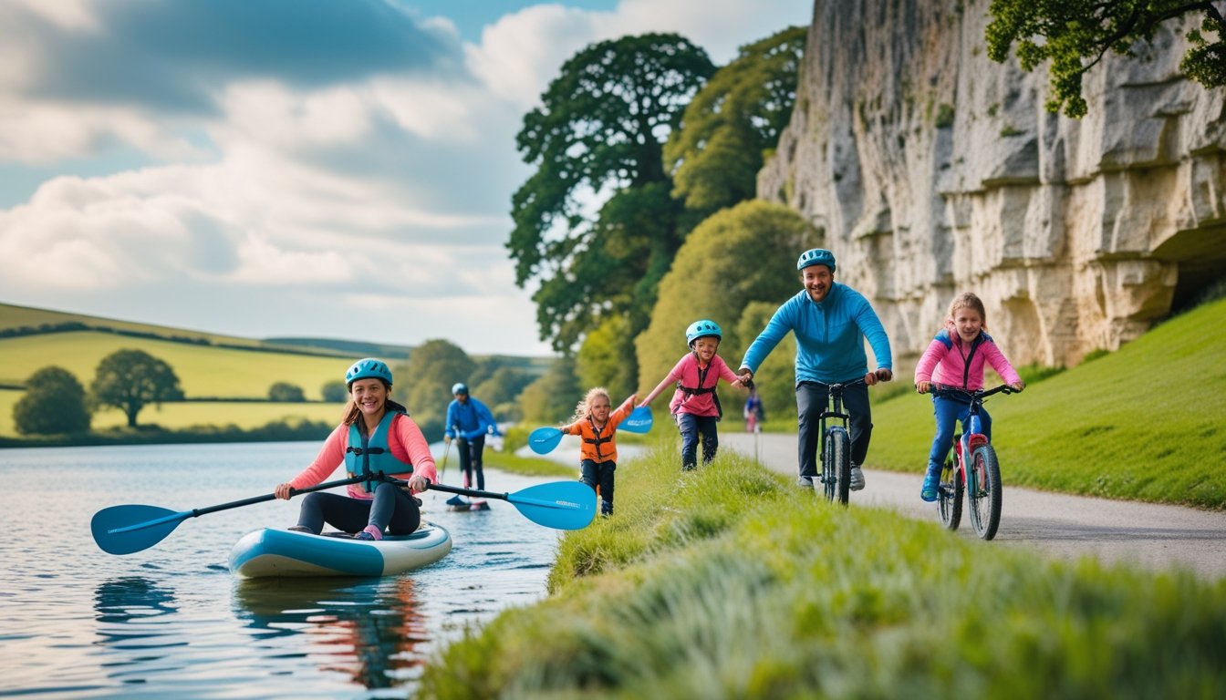 A family enjoying paddleboarding, rock climbing, and cycling together in a green UK countryside landscape.