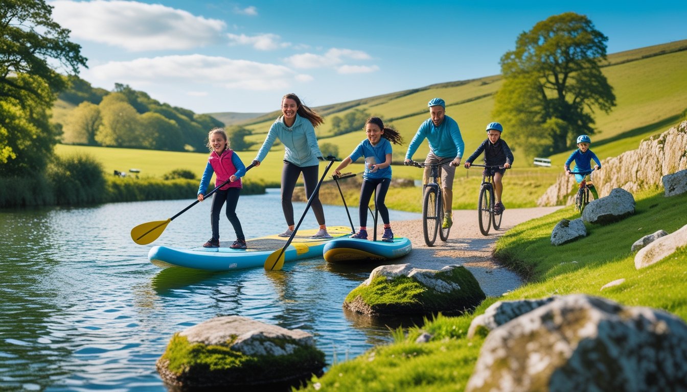 A family enjoying outdoor sports like paddleboarding, rock climbing, and cycling in a green countryside setting in the UK.