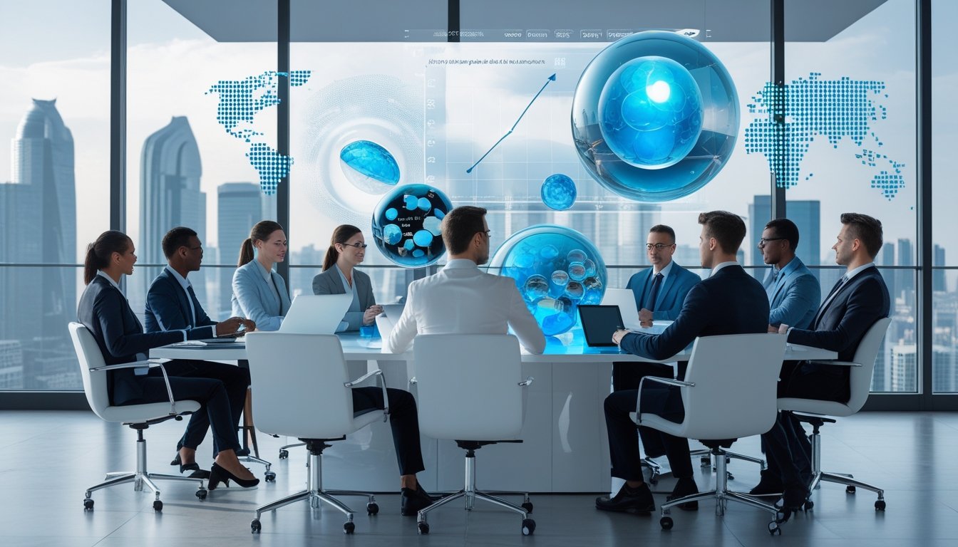 A group of business professionals in a bright conference room discussing futuristic sports technology with digital charts and holograms visible.