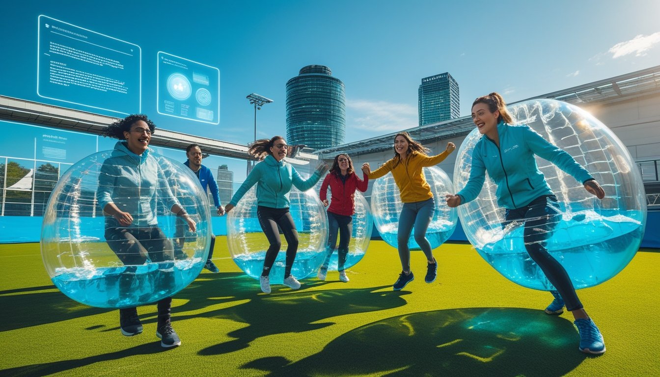 A group of young adults wearing transparent inflatable bubble suits playing an outdoor sport on a green field with futuristic technology elements in the background.