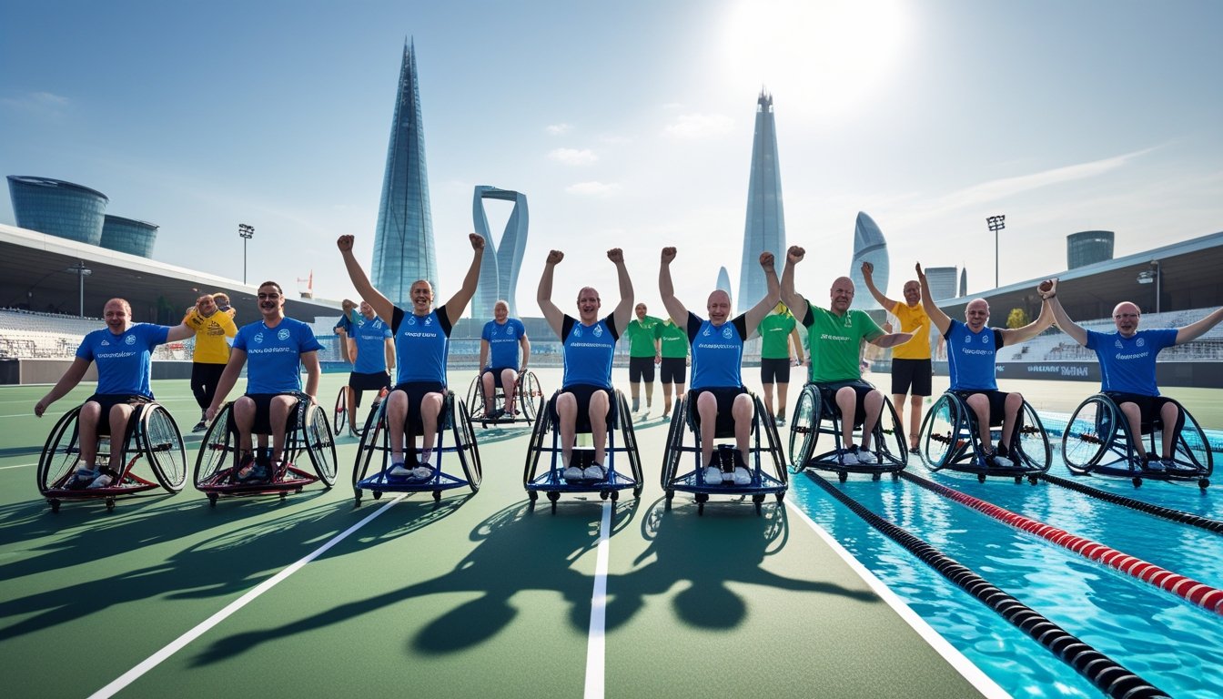 A group of athletes with disabilities participating in various adaptive sports like wheelchair basketball, swimming, and racing on a sports field and pool, with UK landmarks in the background.