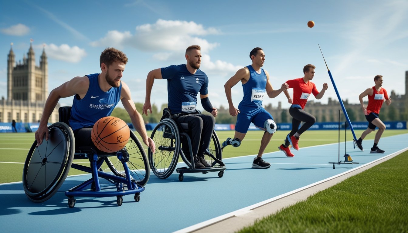 Athletes with disabilities participating in various adaptive sports outdoors in the UK on a sunny day.