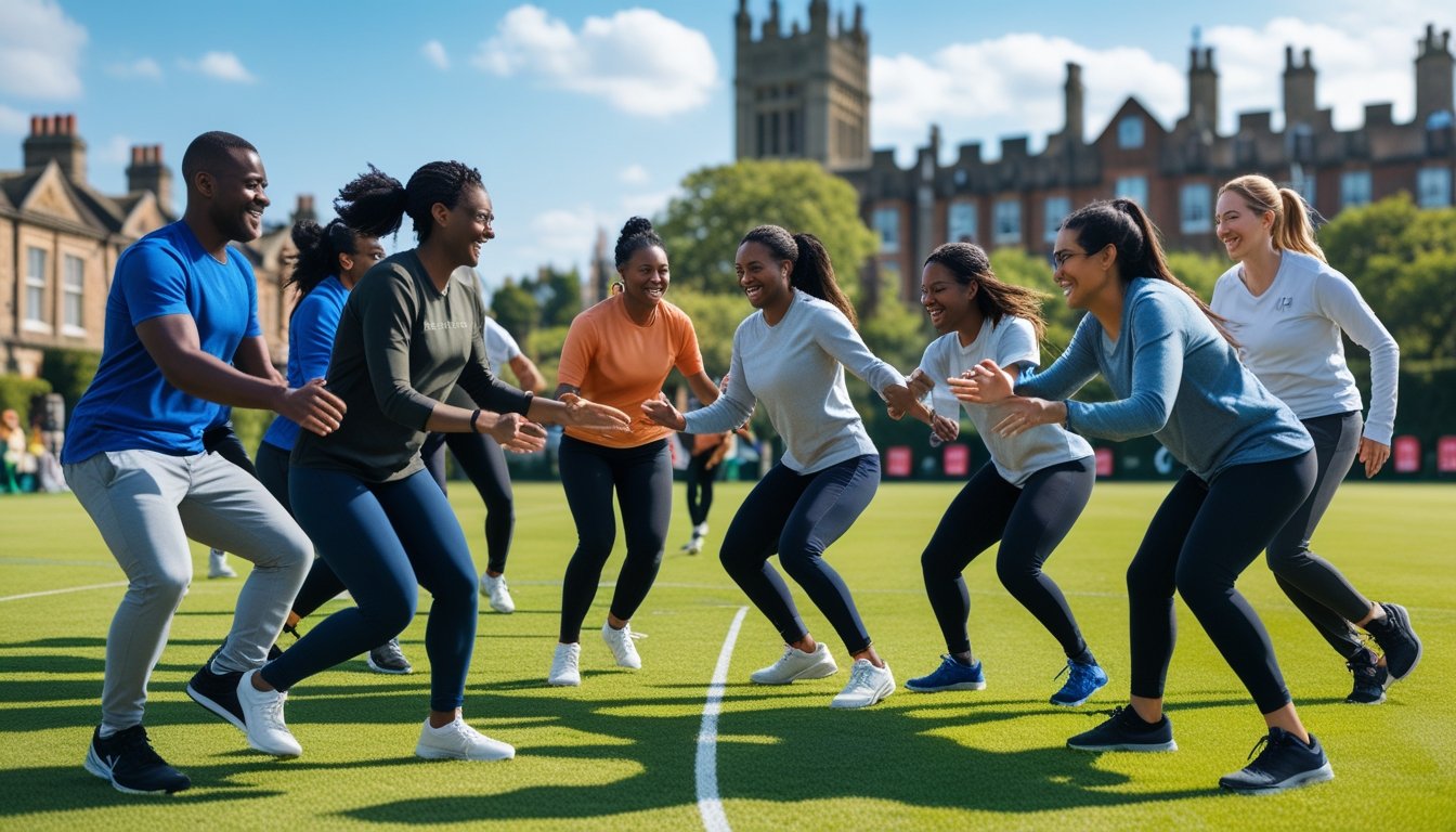 A diverse group of colleagues playing a unique team sport together outdoors in the UK, smiling and working as a team on a green field.