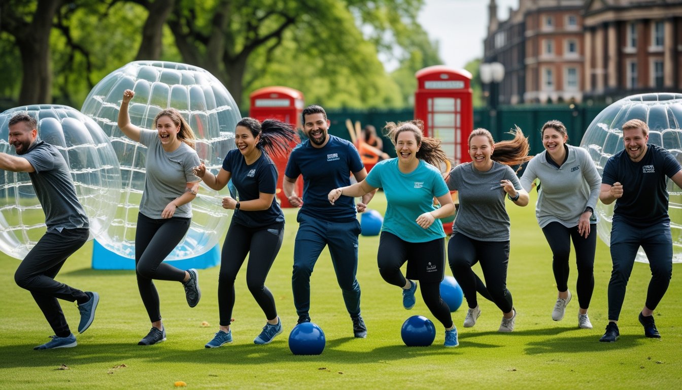 A group of colleagues taking part in unconventional sports and team activities outdoors in a UK park.
