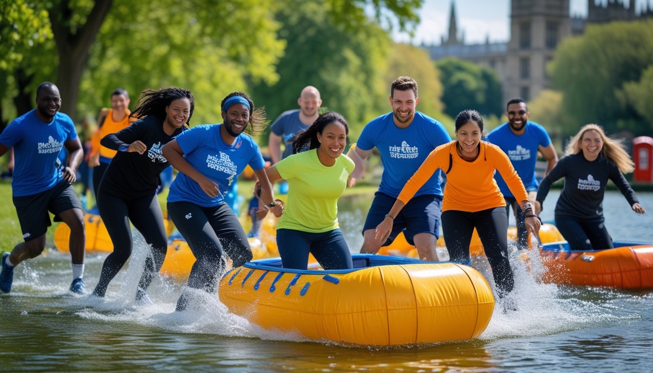 A diverse group of colleagues playing a unique team sport together outdoors in a green park in the UK.