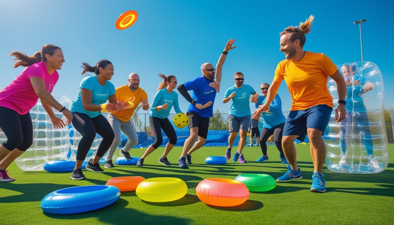 A group of diverse adults playing alternative team sports outdoors on a sunny day, including ultimate frisbee, dodgeball, and bubble soccer.