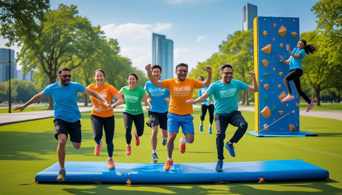 A group of people playing various alternative team sports outdoors, including frisbee, climbing, and parkour, in a green park on a sunny day.
