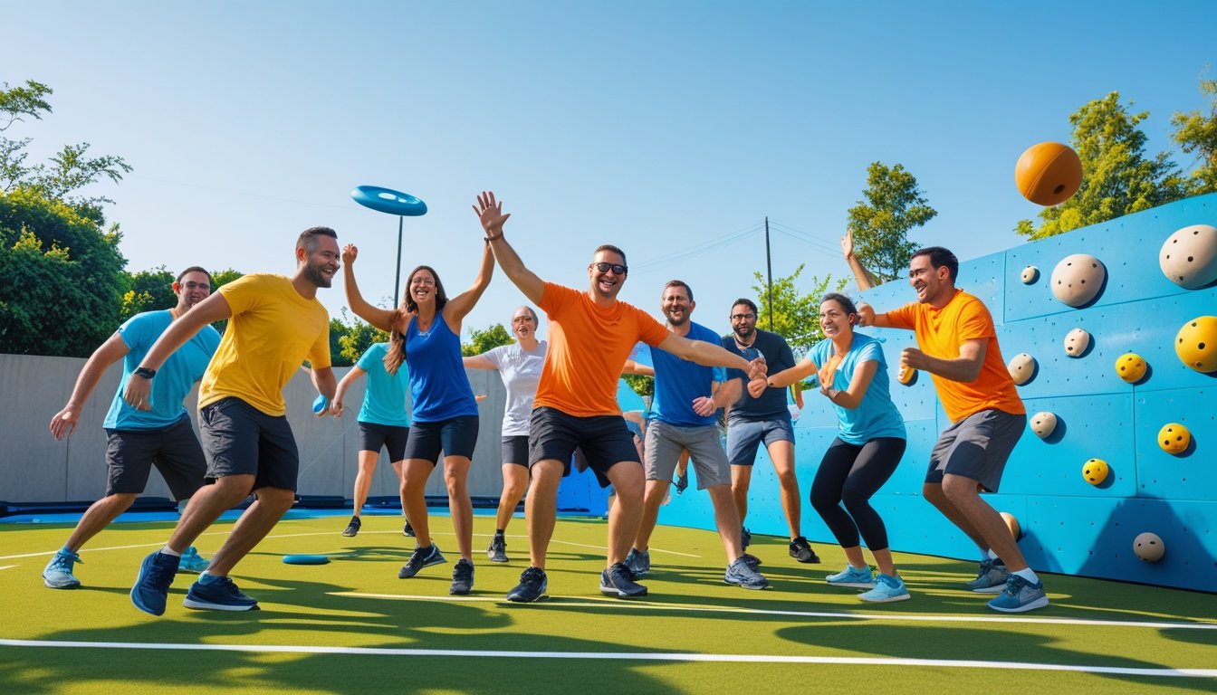 A group of people playing alternative team sports outdoors, including ultimate frisbee, rock climbing, and dodgeball, enjoying an active and energetic atmosphere.