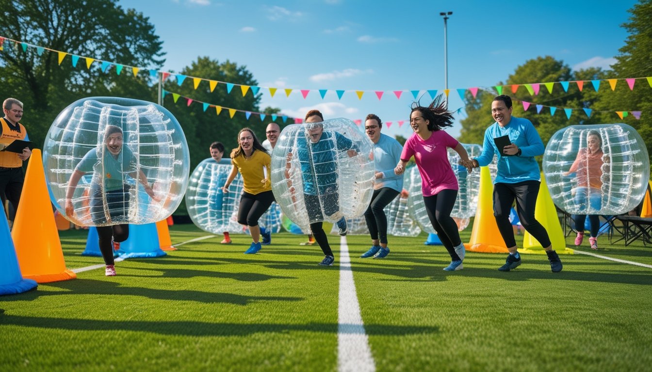 People playing bubble football outdoors on a grassy field, wearing large inflatable bubbles and enjoying a lively game with colourful cones and party decorations around.