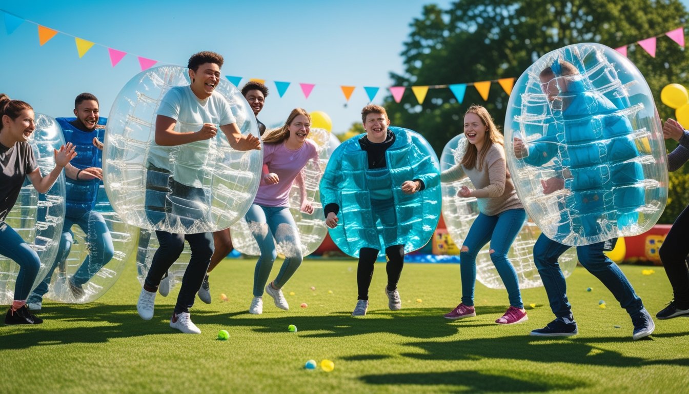 A group of people playing bubble football outdoors on a sunny day, wearing inflatable bubble suits and having fun.