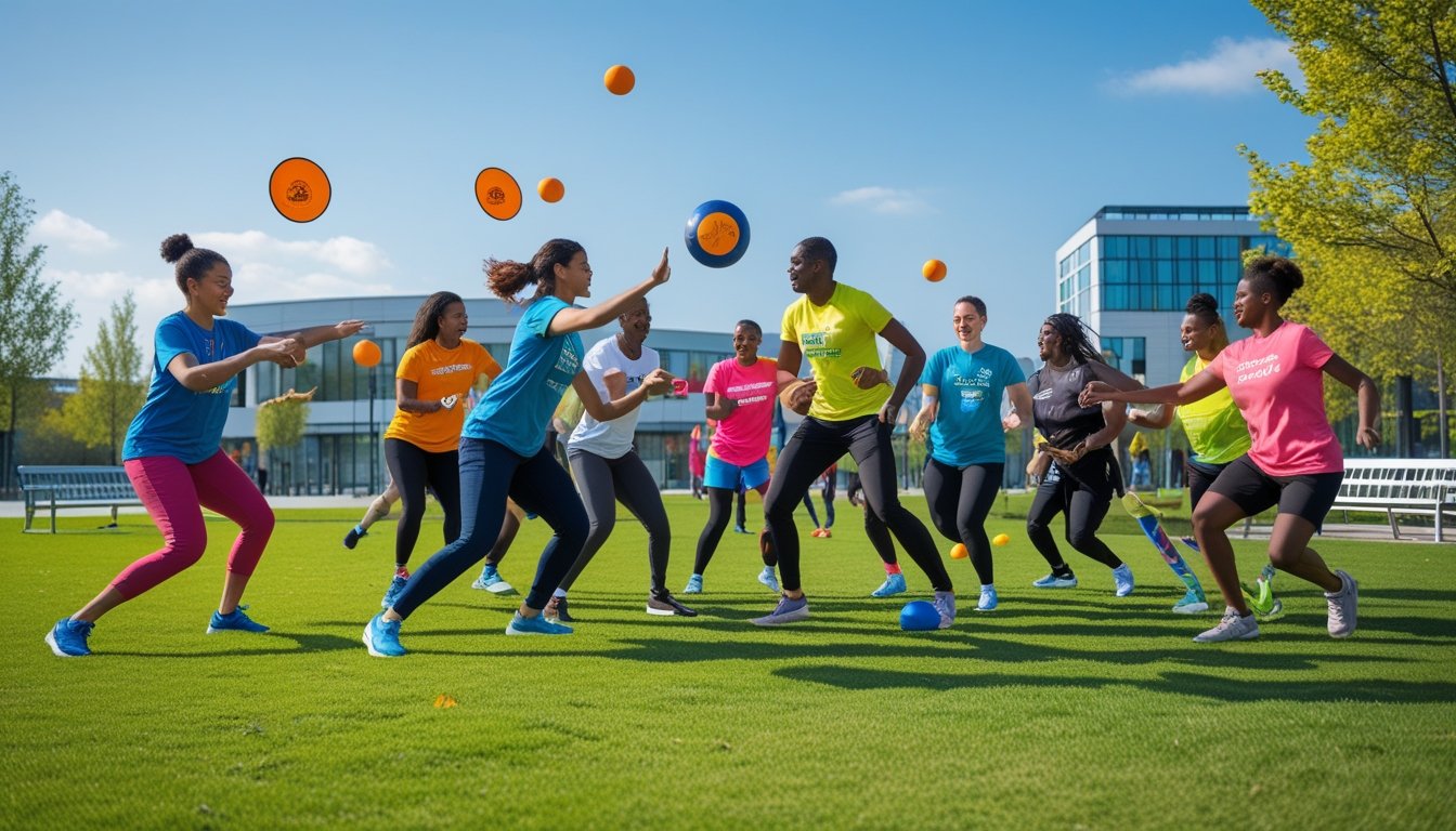 A diverse group of people playing various non-traditional team sports outdoors in a green park on a sunny day.