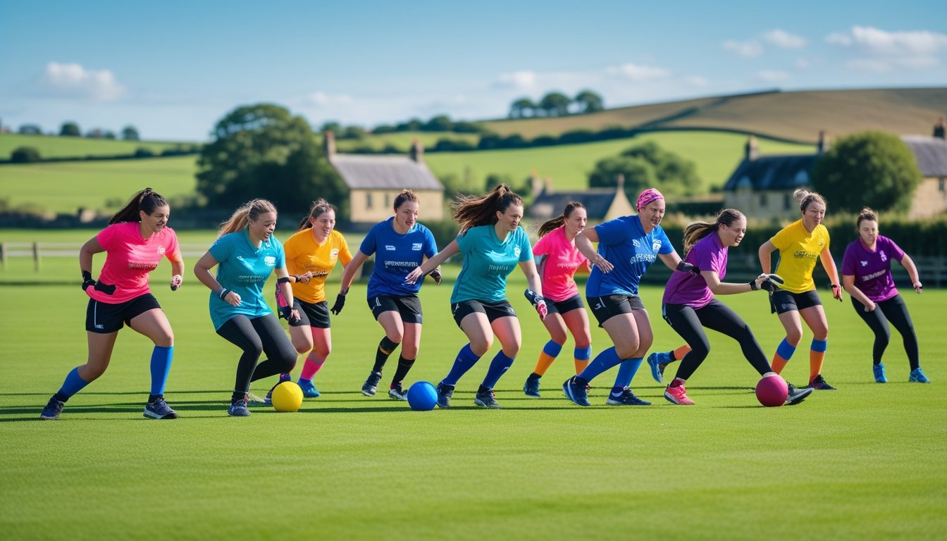 A group of people playing an unusual UK team sport together on a green field with countryside in the background.