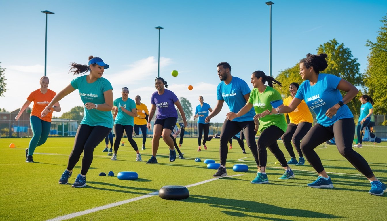 A diverse group of people playing non-traditional team sports outdoors on a green field in a community park.