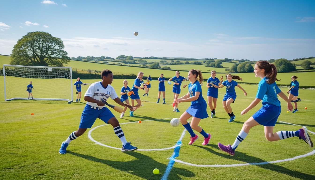 A group of athletes playing various uncommon team sports in the UK on a green field, including British baseball, netball, and rounders, with players actively competing under a clear sky.