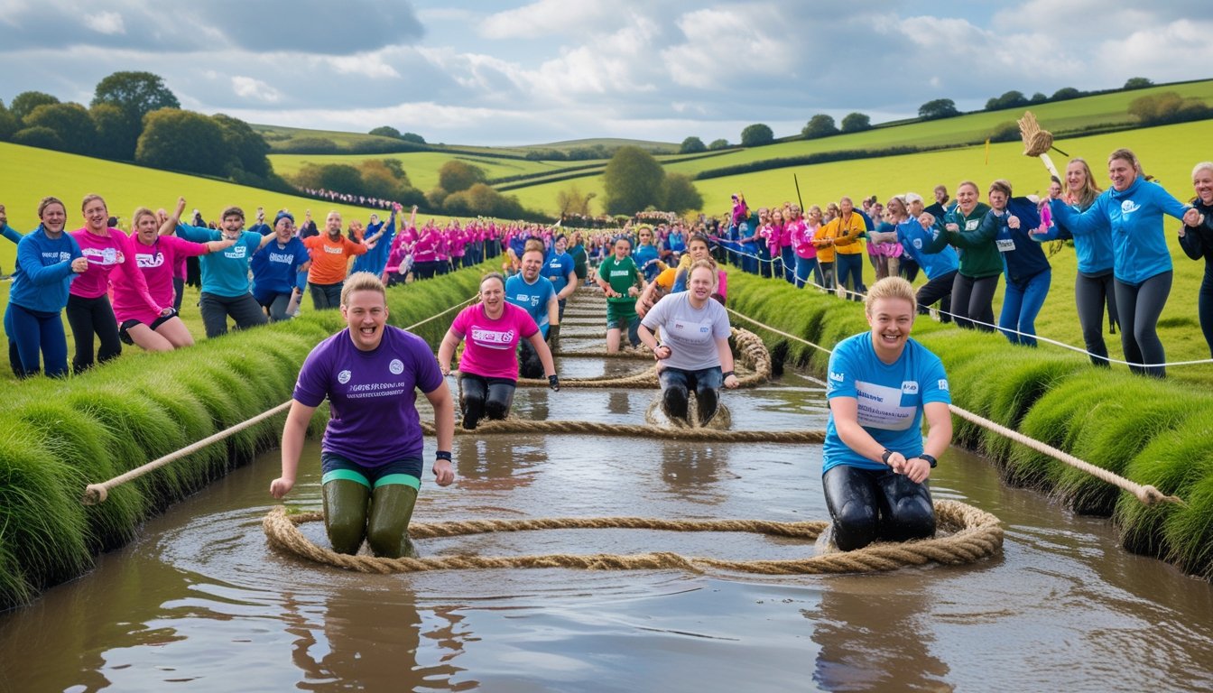People participating in various unusual team sports outdoors on a grassy hillside with spectators watching.